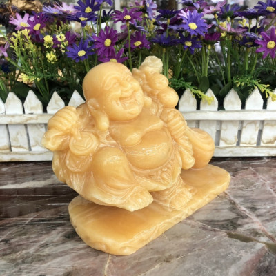 Tượng Phật Di Lặc gánh đào kéo bao tiền đá ngọc hoàng long để bàn làm việc - Dài 18 cm