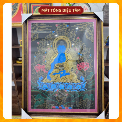 Tranh Thangka Dược sư Thủ Công Nepal Tranh Phật Dược Sư Xanh Dương handmade 92cm Biểu Tượng Chữa Lành Mật tông Diệu Tâm