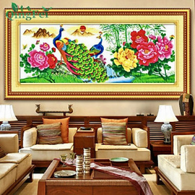 Tranh thêu chữ thập đôi công và hoa mẫu đơn 2561, kích thước 165*65 cm