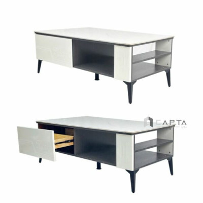 Bàn trà có hộc tủ mặt đá TS1005-12E Nội thất Capta Bàn trà phòng khách đá ceramic trắng vân mây nhám khung bàn MDF chân bàn sắt sơn tĩnh điện màu đen hcm