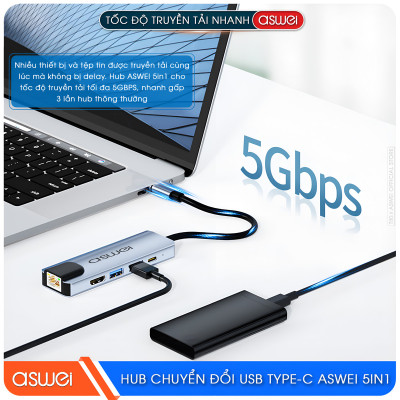 Hub Chuyển Đổi USB Type C ASWEI 5 in 1 - HDMI, USB 3.0, Lan, PD 100W Tốc Độ Cao - Hàng Chính Hãng
