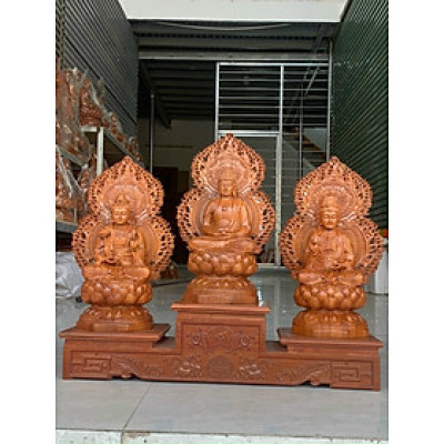 Bộ tượng phật tam thánh tây phương bằng gỗ hương đá kt cao 30×16×16cm +lá chắn hòa quang cao tổng 41×24cm