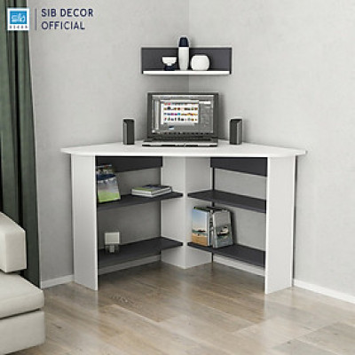 Bàn Làm Việc Gỗ Kèm Kệ Treo Góc Tường Màu Trắng Phối Đen Hiện Đại Thương Hiệu SIB Decor BLV109