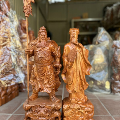 Cặp tượng quan văn quan võ khổng minh gia cát lượng và quan công  bằng gỗ hương đá kt cao 60cm