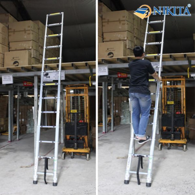 Thang rút đơn đai nhôm bền bỉ, ống thang dày chắc, chân thang chống trượt, chính hãng Nikita