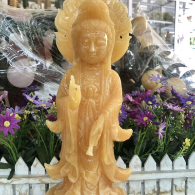 Tượng Phật Bà Quan Thế Âm Bồ Tát tỏa hào quang đứng đài sen đá ngọc hoàng long - Cao 35 cm