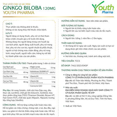 Viên Uống Ginkgo Biloba Youth Pharma Hỗ Trợ Tăng Cường Tuần Hoàn Máu Não. Hộp 60 Viên