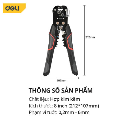 Kìm Tuốt Dây Điện Bấm Cos Đa Năng Deli Chất Liệu Thép Cao Cấp Điều Chỉnh Lực Tuốt Dây Dễ Dàng DL2018
