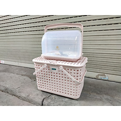 Combo kệ úp bình sữa và Giỏ đựng đồ cho Mẹ đi sinh bằng nhựa cao cấp quai giữa có nắp đậy HOKORI - Nhiều Màu (tặng bộ chổi vệ sinh có nam châm hít từ )