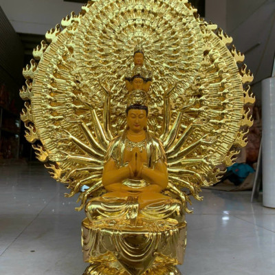 Tượng điêu khắc  phật thiên thủ thiên nhãn ngài nghìn mắt nghìn tay bằng gỗ hương đá sơn pu giả cổ cao cấp kt 61×48×20cm 