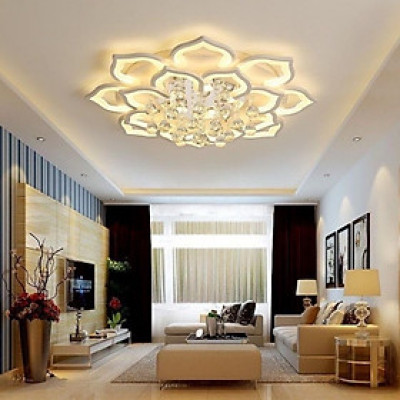 Đèn Ốp Trần  Cánh Hoa Sen 16 cánh Thả Pha Lê_Mâm Ốp Trần Trang Trí Phòng Khách_Chế Độ 3 Màu Ánh Sáng