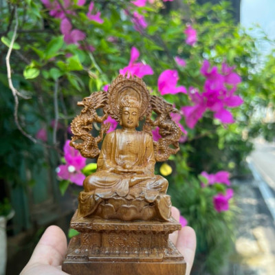 Bộ Tượng phật tam thánh phật vách rồng bằng gỗ bách xanh thơm nức kt cao 13×8×5cm