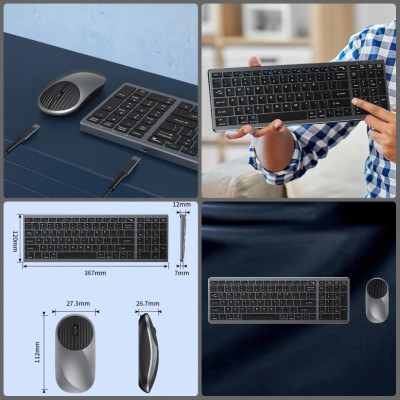 Bộ Bàn phím chuột không dây W619C - pin sạc TypeC - kết nối bluetooth 5.0 + Usb wireless 2.4g hàng nhập khẩu