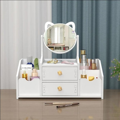Tủ Để Đồ Trang Điểm Mini 2 Ngăn Kéo, 4 Hóc Đựng Cọ Có Gương Tai Mèo Bằng Nhựa - Hàng chính hãng