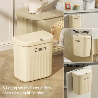 Thùng rác treo tủ bếp nhà vệ sinh treo tường nhà tắm đa năng CLEAN thiết kế nắp lật thông minh size lớn 12L kèm móc treo - giao màu ngẫu nhiên