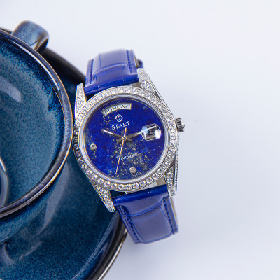 【START】Đồng hồ nam đá Lapis Lazuli tự nhiên đồng hồ kim cương chức năng hiển thị thứ ngày  đồng hồ cơ tự động dây da cá sấu Khóa bướm