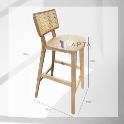 Ghế ngồi quầy bar gỗ ASH lưng tựa cao mây đan tự nhiên Ghế bar cổ điển chân cố định Vintage Stools CB Cane-W Tp HCM