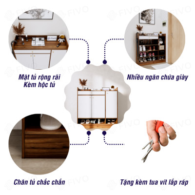 Tủ Kệ Giày Gỗ Chống Ẩm Cao Cấp FIVO FS52 Có Cửa, Ngăn Chứa Trong Tủ Lớn, Mặt Tủ Rộng Rãi, Kèm Hộc Tủ Ngang Giúp Đựng Vật Dụng Thường Dùng (Chìa Khóa, Găng Tay...)