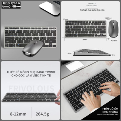 Bộ Bàn phím chuột không dây mini W616C - pin sạc TypeC- đa kết nối bluetooth 5.0 + 3.0 + Usb wireless 2.4G hàng nhập khẩu