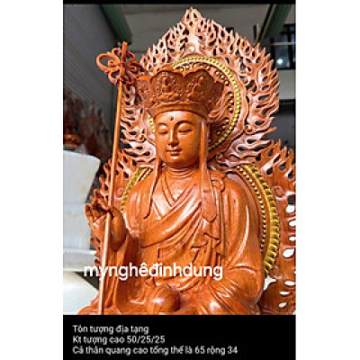Tượng phật địa tạng vương bồ tát bằng gỗ  hương đá cao 50x25cm +lá chắn hào quang  cao tổng 65cm