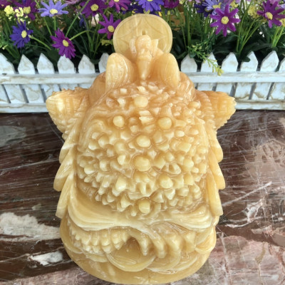 Tượng Cóc Ba Chân, Cóc Ngậm Tiền, Thiềm Thừ phong thủy chiêu tài lộc đá ngọc hoàng long - Dài 20 cm