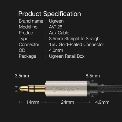Ugreen UG40787AV125TK 15M màu Đen Cáp âm thanh 2 đầu 3.5mm dương đầu bọc kim loại cao cấp - HÀNG CHÍNH HÃNG