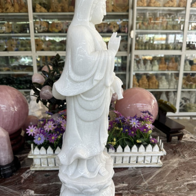 Tượng Phật Bà Quan Thế Âm Bồ Tát đứng đài sen đá cẩm thạch trắng - Cao 50 cm
