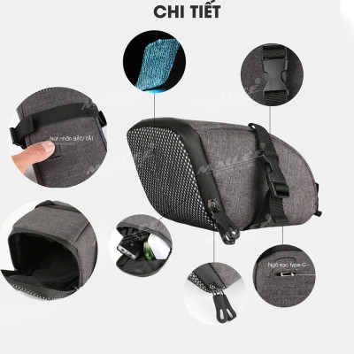 Túi Yên Xe Đạp XD-01 Gắn Yên Sau Tích Hợp Đèn Đuôi Nhấp Nháy Cảnh Báo nhiều màu, chất liệu vải 300D chống thấm nước, sạc Type C, dung tích 1.4 lít (kèm bọc chống mưa đi kèm) - Mai Lee