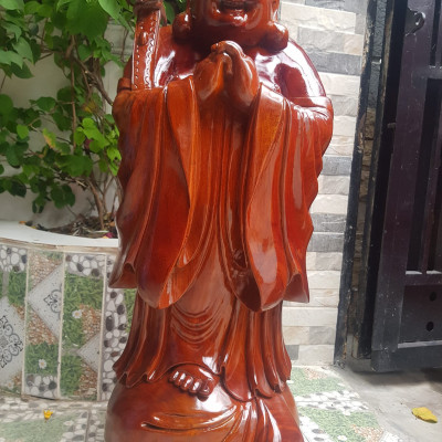 Tượng Gỗ Mỹ Nghệ Phật Di Lặc Đứng Trên Bao Tiền to Chúc Phúc Tay Cầm Như Ý dãy tiền Size Cao 80cm Đk 30cm Sâu 20cm Anh Chị Trưng Bày Phòng Khách ở Nhà , Công Ty, cửa hàng quà biếu tặng ạ