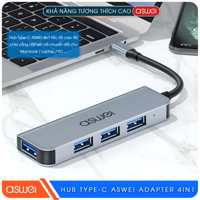 Hub Chuyển Đổi USB Type C ASWEI 4 in 1 - 4 Cổng USB 3.0 Tốc Độ Cao - Hàng Chính Hãng