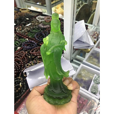 Tượng Phật Bà Quan Âm đứng đài sen đá lưu ly trang trí xe ôtô, xe hơi và bàn làm việc - Cao 15 cm