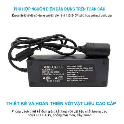 Bộ Đổi Nguồn 220V Sang 12V - 10A Có Tẩu Cắm – Dùng Cho Máy Bơm Lốp, Hút Bụi, Quạt 12V