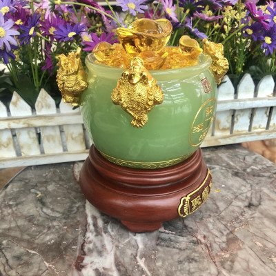 Hủ vàng, Bát Tụ Bảo, Bát tụ tài phong thủy đá xanh ngọc chiêu nạp tài lộc thần tài thổ địa - Cao 15 cm