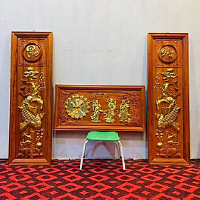 Cặp tranh câu đối lý ngư vọng nguyệt + tranh đồng hồ treo tường phúc lộc thọ ,chữ ,nhẫn,đức  tâm...bằng gỗ hương đỏ 