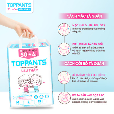 Tã/Bỉm Quần người lớn TOPPANTS Siêu Thấm, Chống Trào, Kháng Khuẩn Size M/L/XL (54 Miếng)