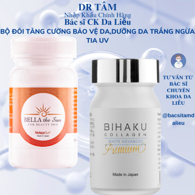 bộ đôi ngừa sạm nám trắng da BIHAKU PREMIUM COLLAGEN hộp 30v và BELLA THE SUN hộp 30v chống lão hóa mờ đốm sắc tố, căng da dưỡng ẩm, chống nắng nội sinh