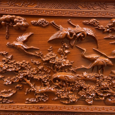 Tranh gỗ  treo tường trạm khắc tích cửu hạc du xuân bằng gỗ gõ đỏ kt 67×127×4cm