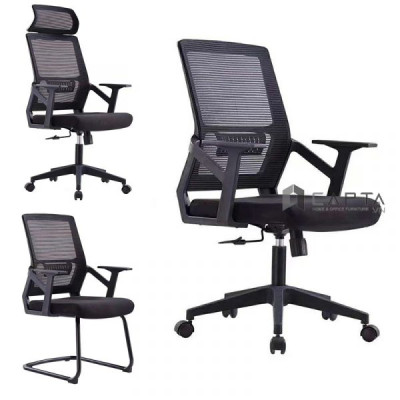 Ghế xoay nhân viên lưng trung CE4289-M Nội thất Capta Ghế làm việc tại nhà lưng lưới nệm vải tay tựa chữ T chân nhựa màu đen  