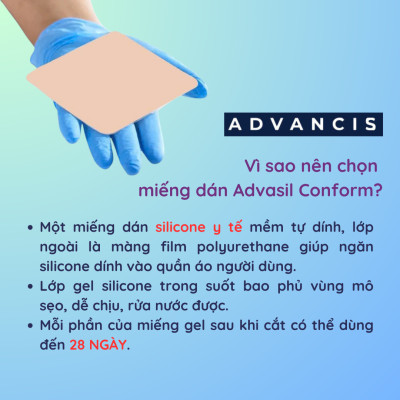 Miếng dán Silicone ngăn ngừa và hỗ trợ điều trị sẹo lồi - Advasil Conform
