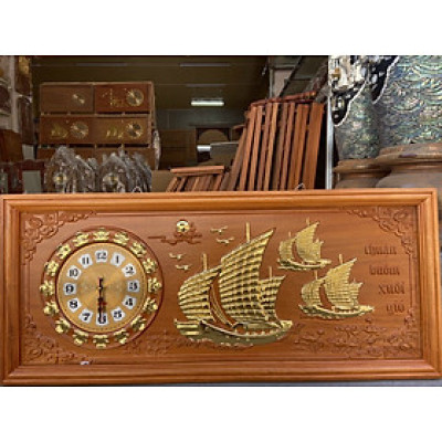 Tranh đồng hồ treo tường khắc thuận buồm xuôi gió bằng gỗ gõ đỏ kt 41×97×4cm