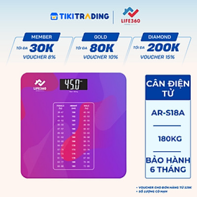 Cân điện tử sức khỏe LIFE360, cân điện tử thông minh, mặt kính cường lực, tải trọng tới 180kg - Hàng chính hãng