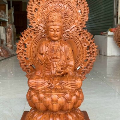 Bộ tượng phật tam thánh tây phương bằng gỗ hương đá kt cao 30×16×16cm +lá chắn hòa quang cao tổng 41×24cm