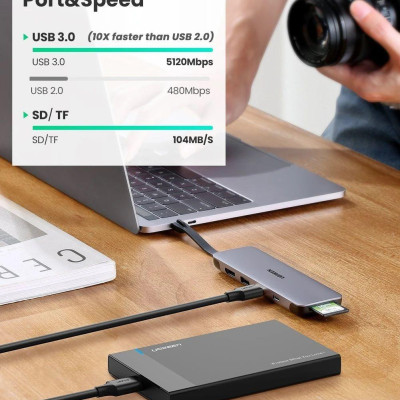 Ugreen UG70649CM287TK 6 trong 1 màu xám bộ chuyển USB type C ra 2 x usb 3.0 hub đa năng hdmi 4k đọc thẻ hỗ trợ sạc nhanh PD 100W - HÀNG CHÍNH HÃNG