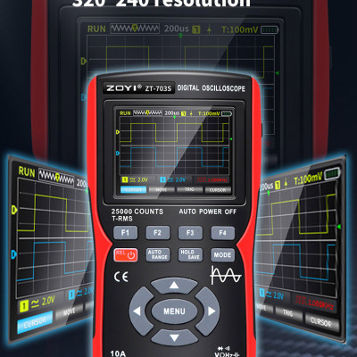 Đồng hồ đo điện vạn năng kỹ thuật số Zoyi ZT-703S 3 trong 1, tích hợp đo sóng hai kênh 50 mhz, lưu trữ dữ liệu dạng sóng, máy phát tín hiệu dao động kép, băng thông 280ms, tốc độ pc - Hàng Chính Hãng