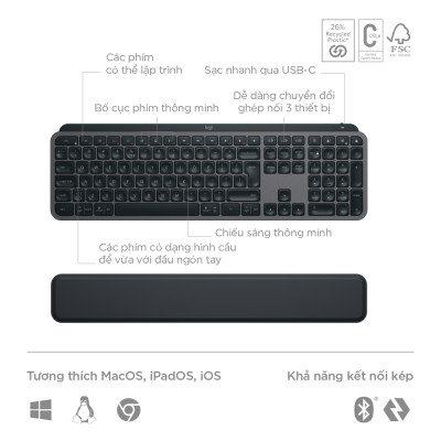 Combo Chuột & Bàn Phím Bluetooth không dây Logitech MX Keys S Combo - Có gác tay, Chiếu sáng, USB-C - Hàng chính hãng