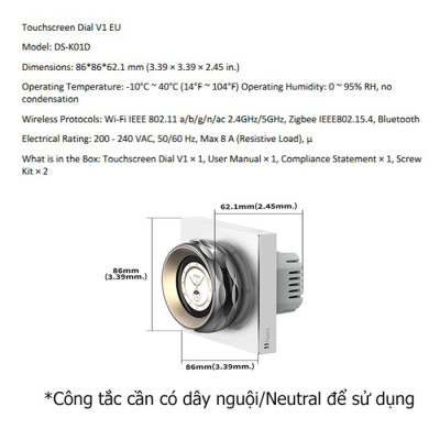 Công tắc núm xoay cảm ứng Aqara Touchscreen Dial V1 DS-K01D EU Tích hợp màn hình cảm ứng, kết nối Wifi