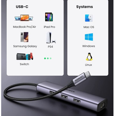 Hub chia USB Type-C ra 3 cổng USB 3.0 Type-A kèm Lan Gigabit vỏ nhôm Ugreen 60600 - Hàng chính hãng