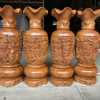 Cặp LỤC BÌNH KHẮC TỨ LINH HÚT TÀI LỘC BẰNG GỖ HƯƠNG ĐÁ KT CAO 30×10×10CM