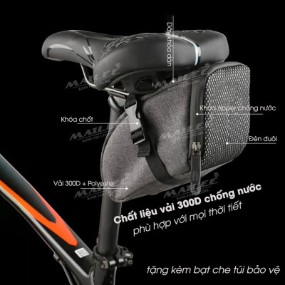 Túi Yên Xe Đạp XD-01 Gắn Yên Sau Tích Hợp Đèn Đuôi Nhấp Nháy Cảnh Báo nhiều màu, chất liệu vải 300D chống thấm nước, sạc Type C, dung tích 1.4 lít (kèm bọc chống mưa đi kèm) - Mai Lee