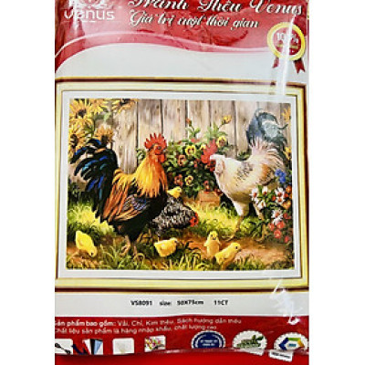 Tranh thêu kín Gia đình gà vs8091, kích thước 50 x 75 cm